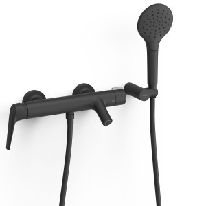 TRES FUJI Bateria wannowo-prysznicowa naścienna z zestawem natryskowym czerń matowa, 28117001NM